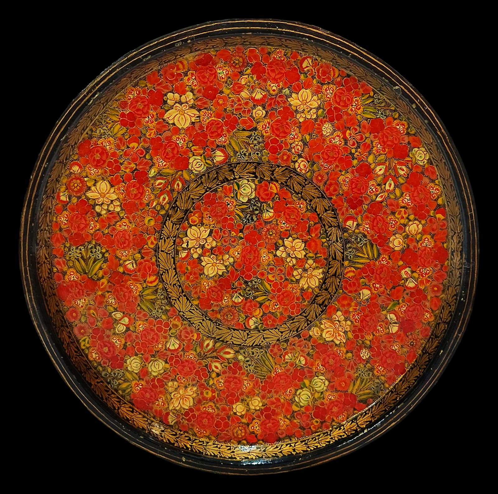 Papier-mâché bowl with hand-painted red and gold floral pattern
